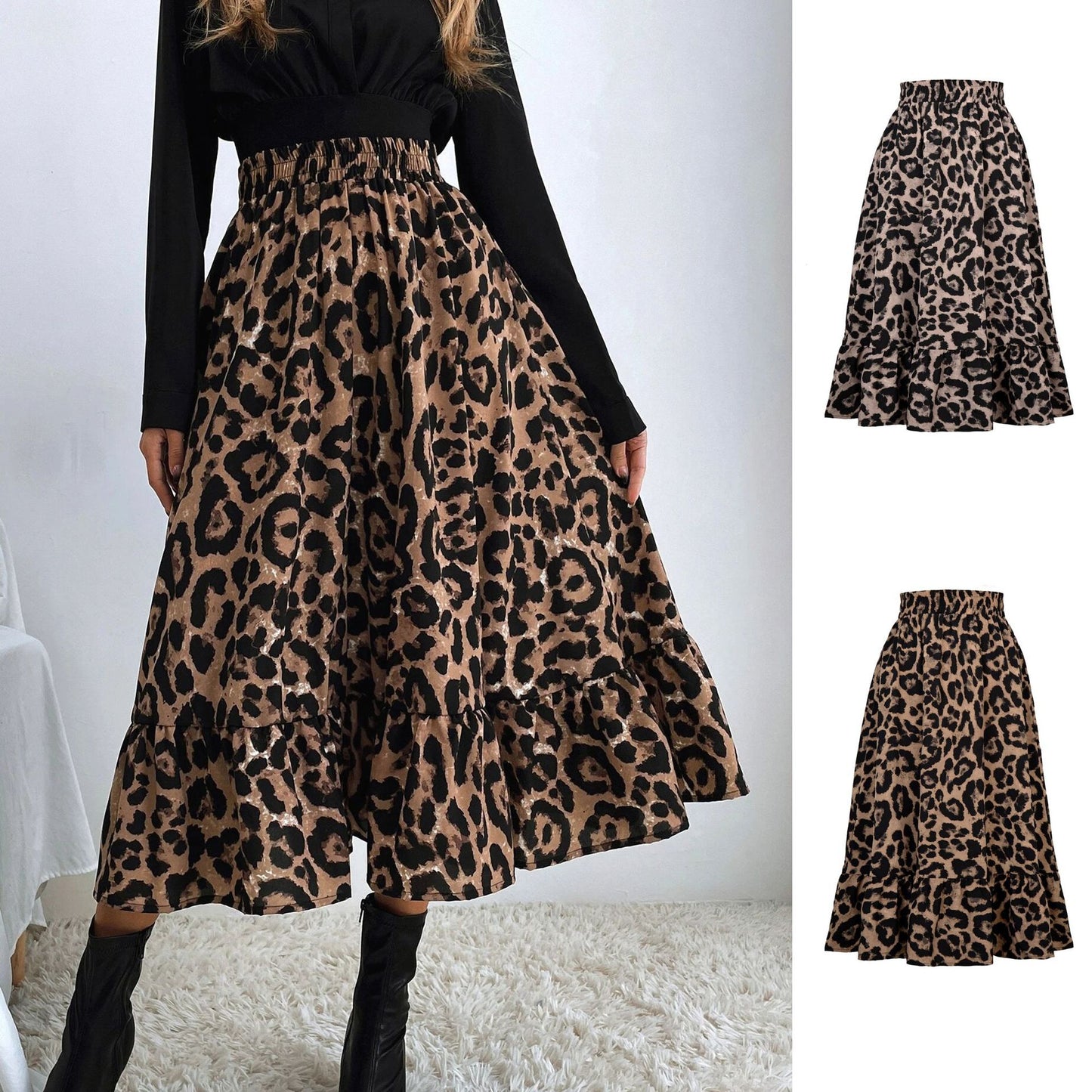 högmidjad kjol med leopardmönster