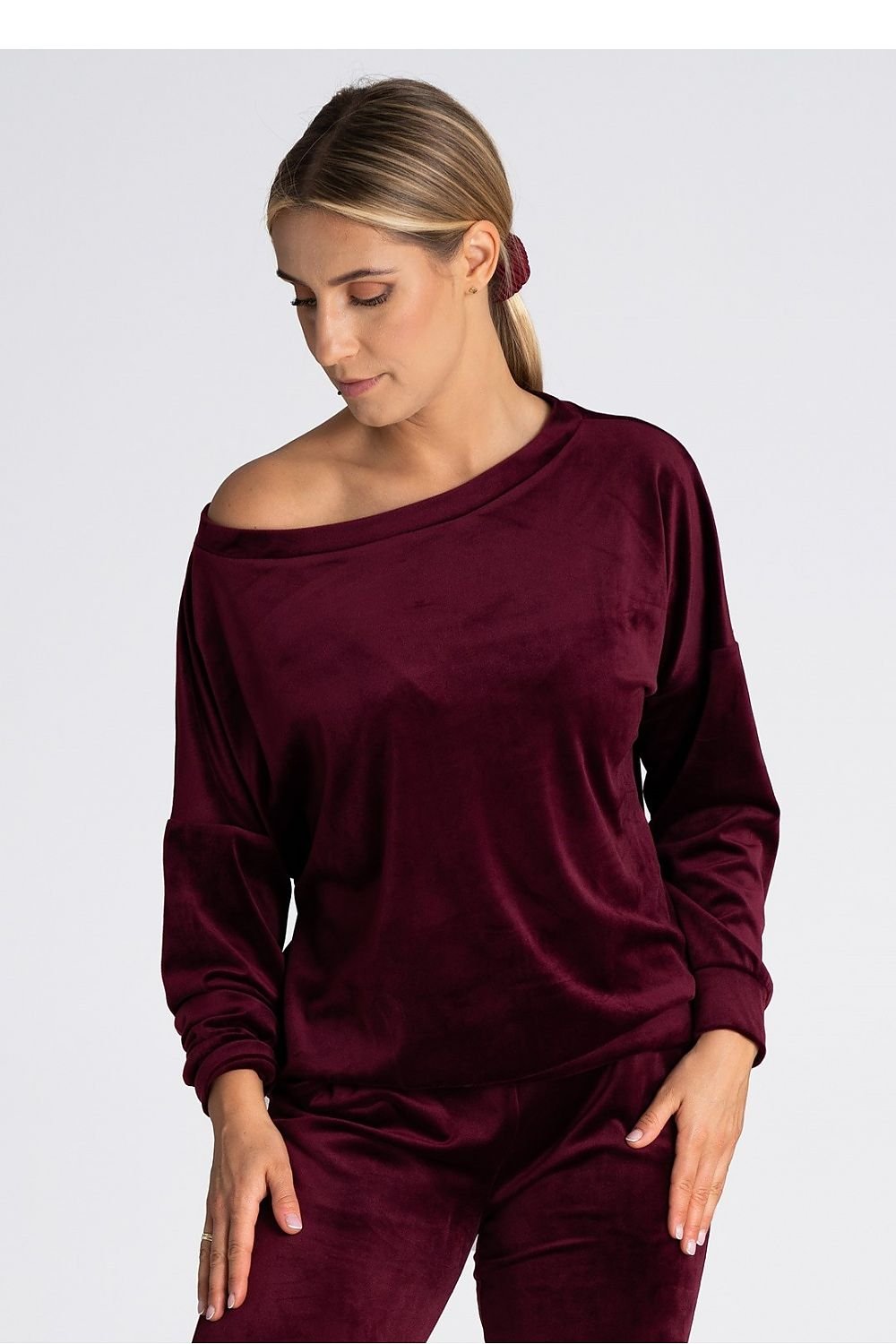 Tröja i sammet off-shoulder  vinröd