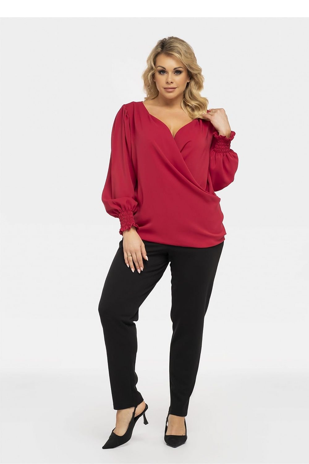 Plussize V-ringad Blus Röd
