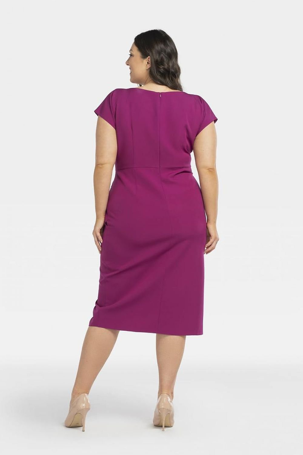 Midiklänning Dam kort ärm plussize fuchsia