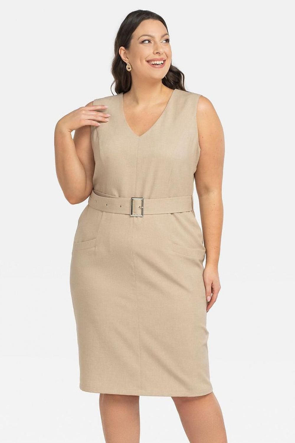 V-ringad Midiklänning med Skärp beige plussize