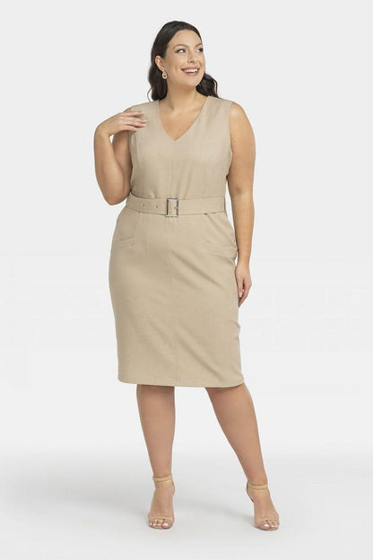 V-ringad Midiklänning med Skärp beige plussize