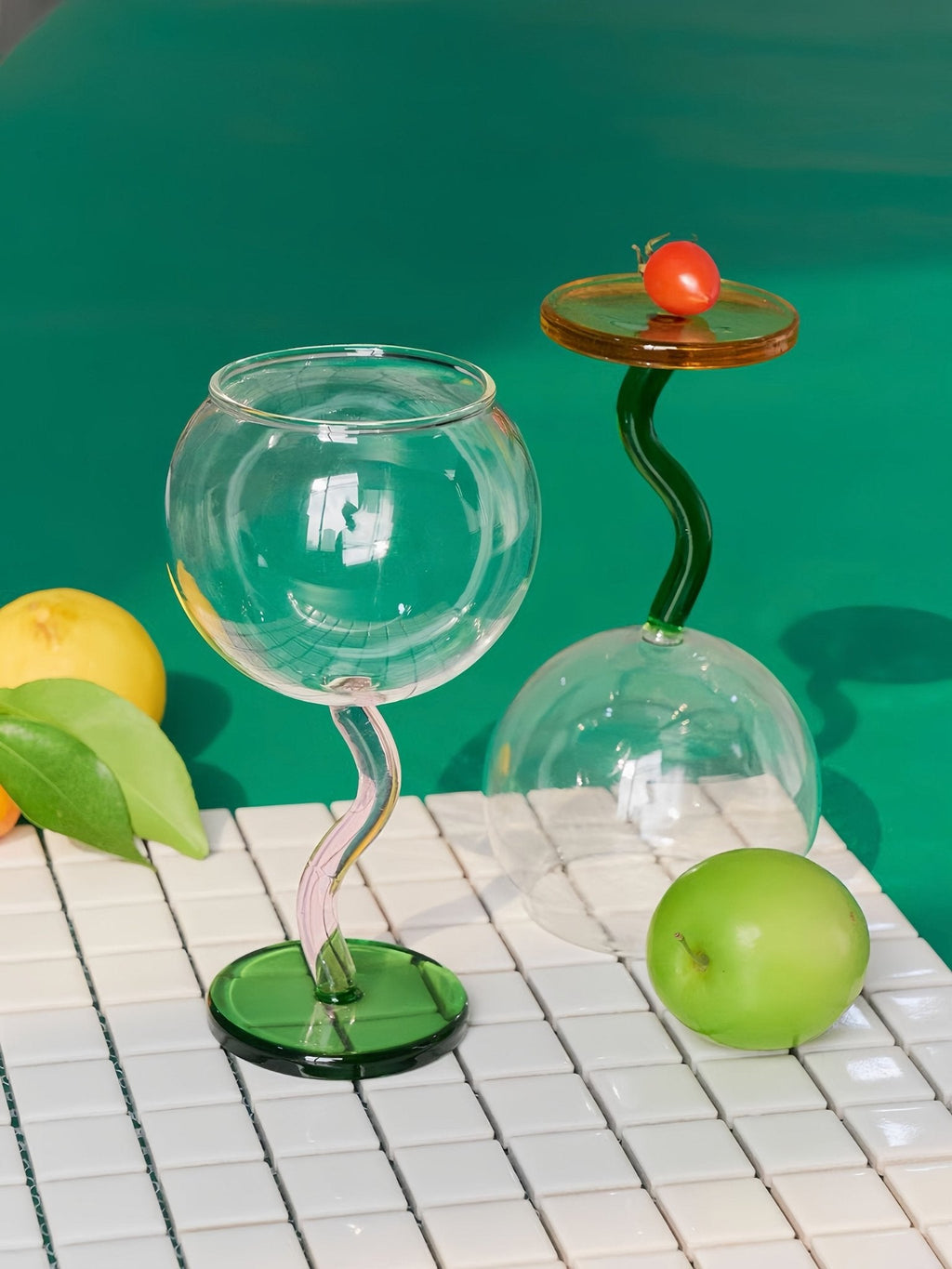 Handblown Bubble Wine Glass - Retro Whimsical Eclectic Wavy Stemmed Goblets-3