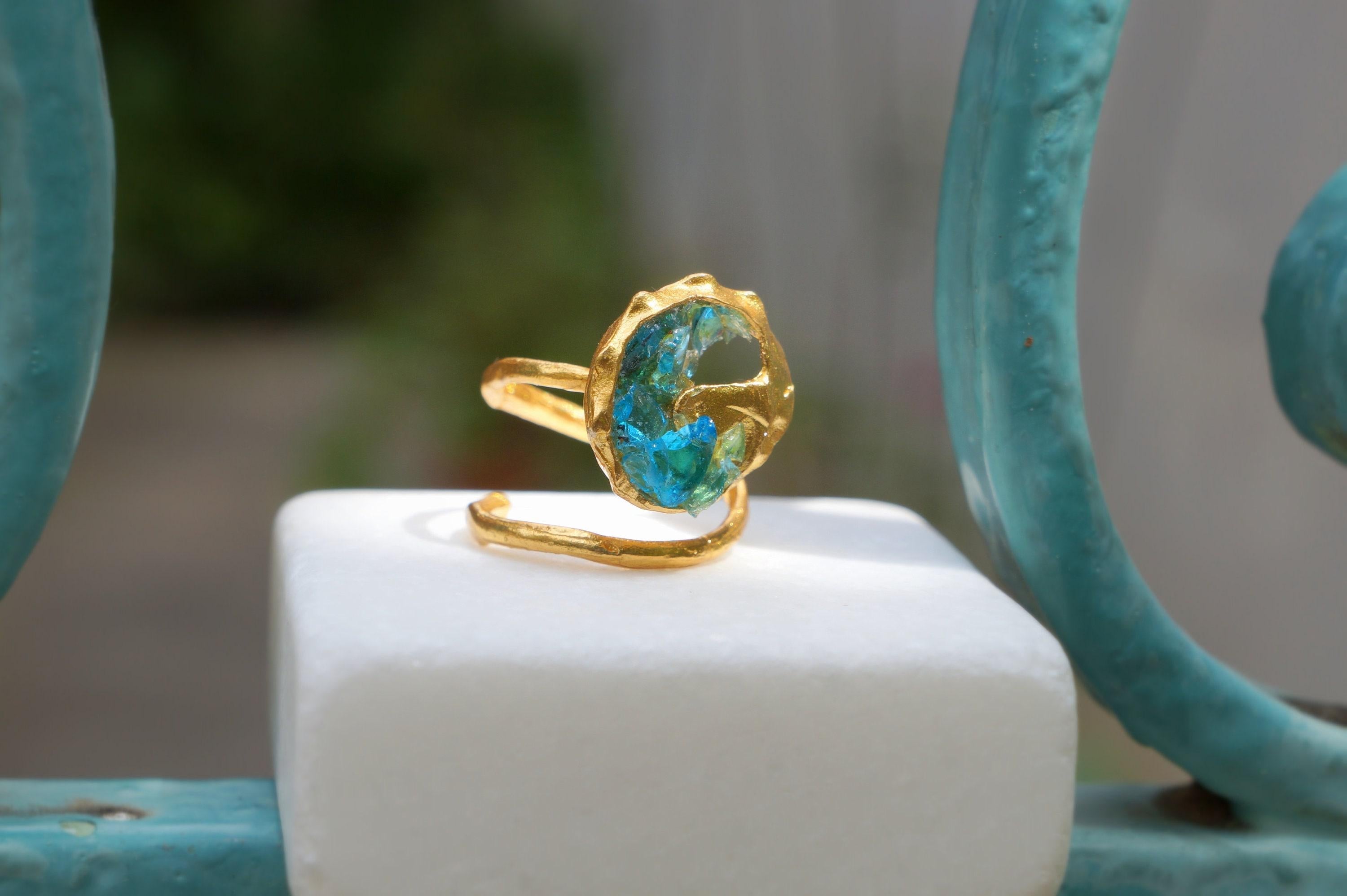 Gold Sea Shell Ring with Murano Glass, Handmade Nature Jewelry, Statement Beach Band, Gift for Life Force & Freedom, Sterling Silver 925-2
