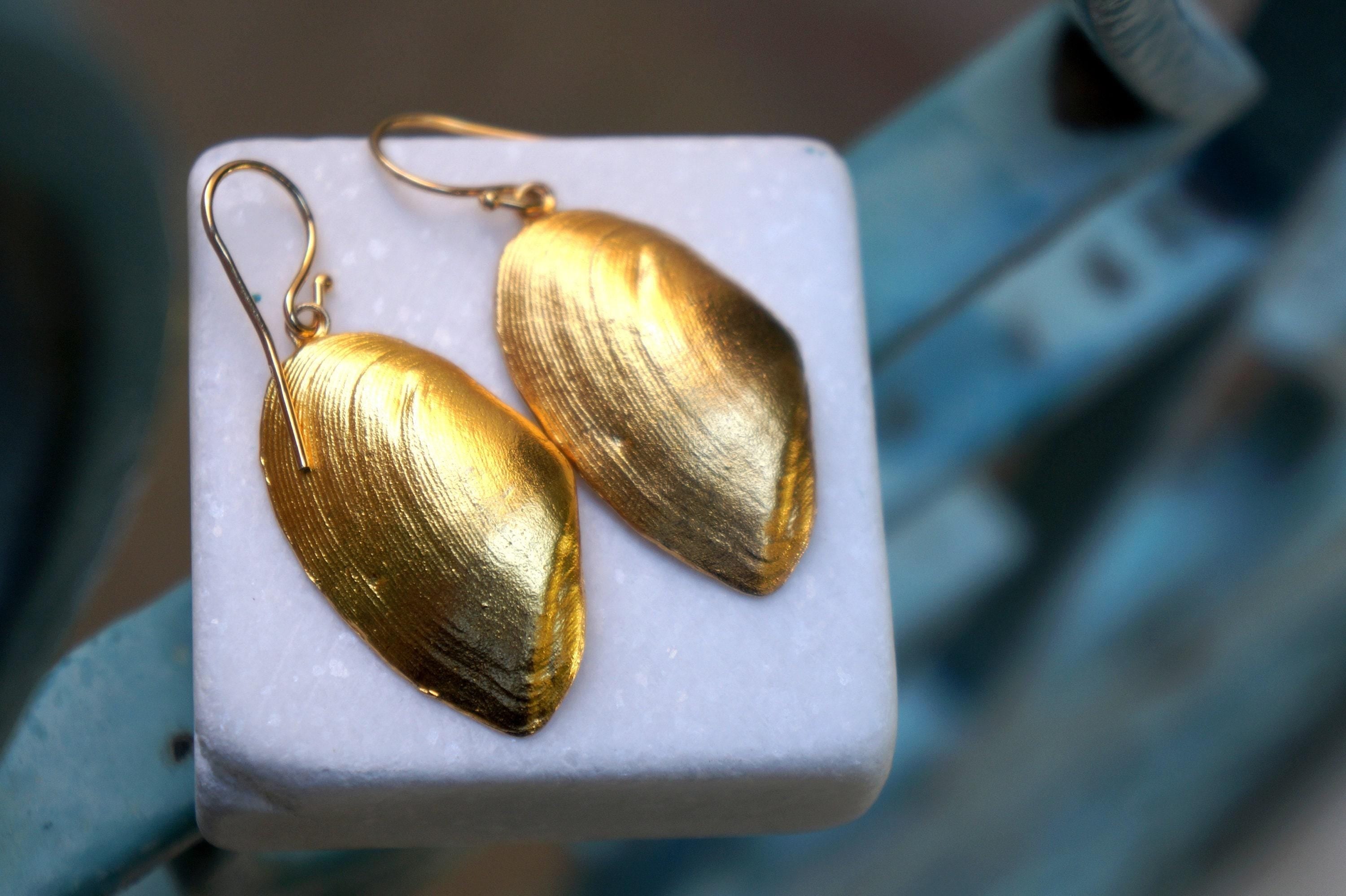 Real Clam Shell Earrings, Handmade Nature Jewelry, Organic Nature Earrings, Gift for Wisdom & Connection, Gold or Sterling Silver 925-0