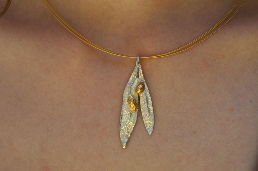Real Olive Leaves Gold Necklace, Handmade Nature Jewelry, Organic Tree Pendant, Gift for Victory & Health, Sterling Silver 925-1