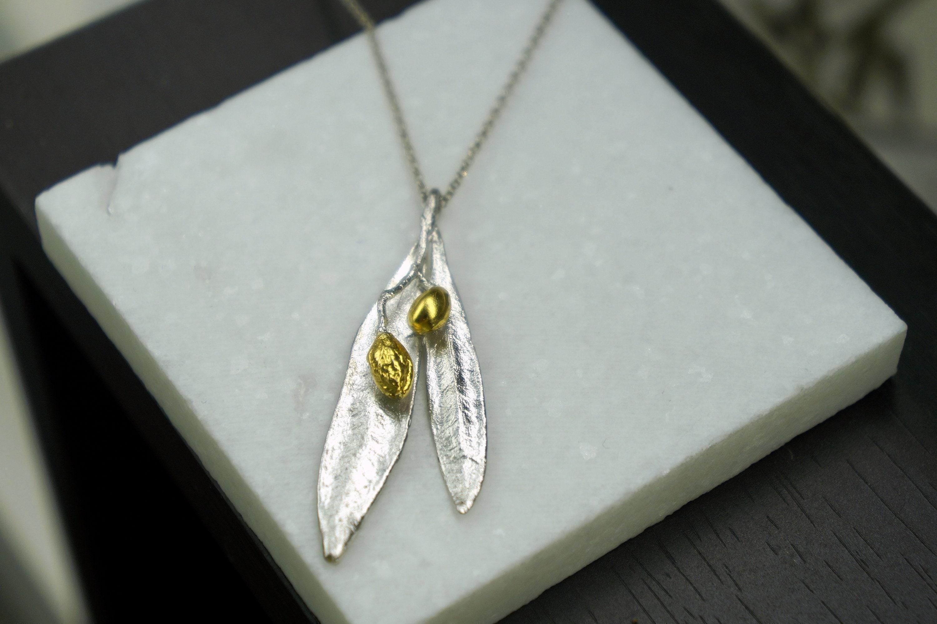 Real Olive Leaves Gold Necklace, Handmade Nature Jewelry, Organic Tree Pendant, Gift for Victory & Health, Sterling Silver 925-2