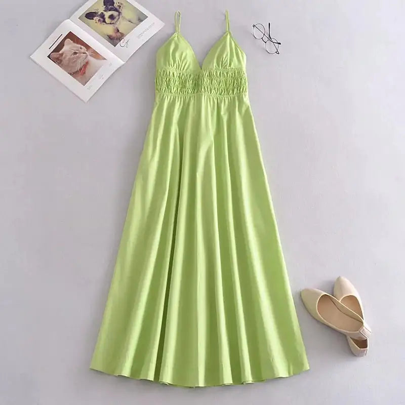 Green Cotton V Neck Summer Women's Dress