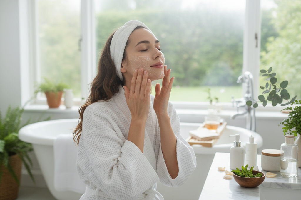 vacker kvinna i badrummet som smörjer sig med ansikts skrubb 
