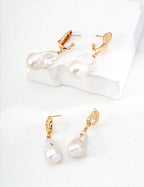 Vintage Natural Baroque Pearl Zircon Earrings-2